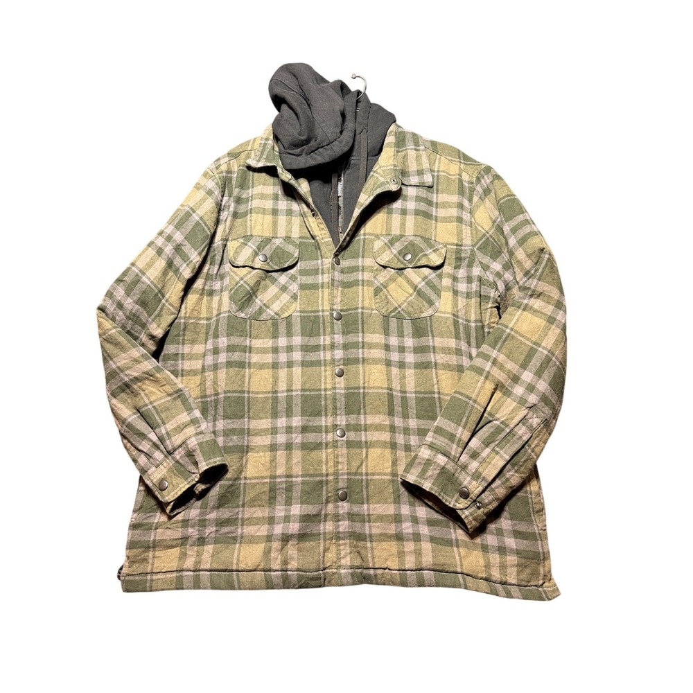 Berkley Jensen Quilted Flannel Shirt Jacket Mens XXL Green Plaid Hooded Snap